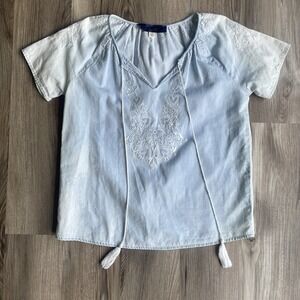 Francescas Blue Rain Embroidered Tassel Boho Blouse Light Wash Blue Cotton XS